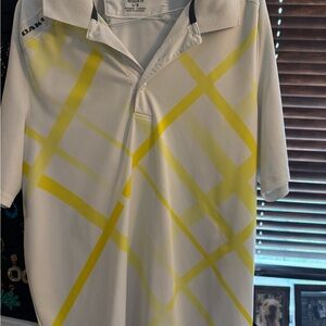 Oakley White golf Shirt with Yellow Geometric Design